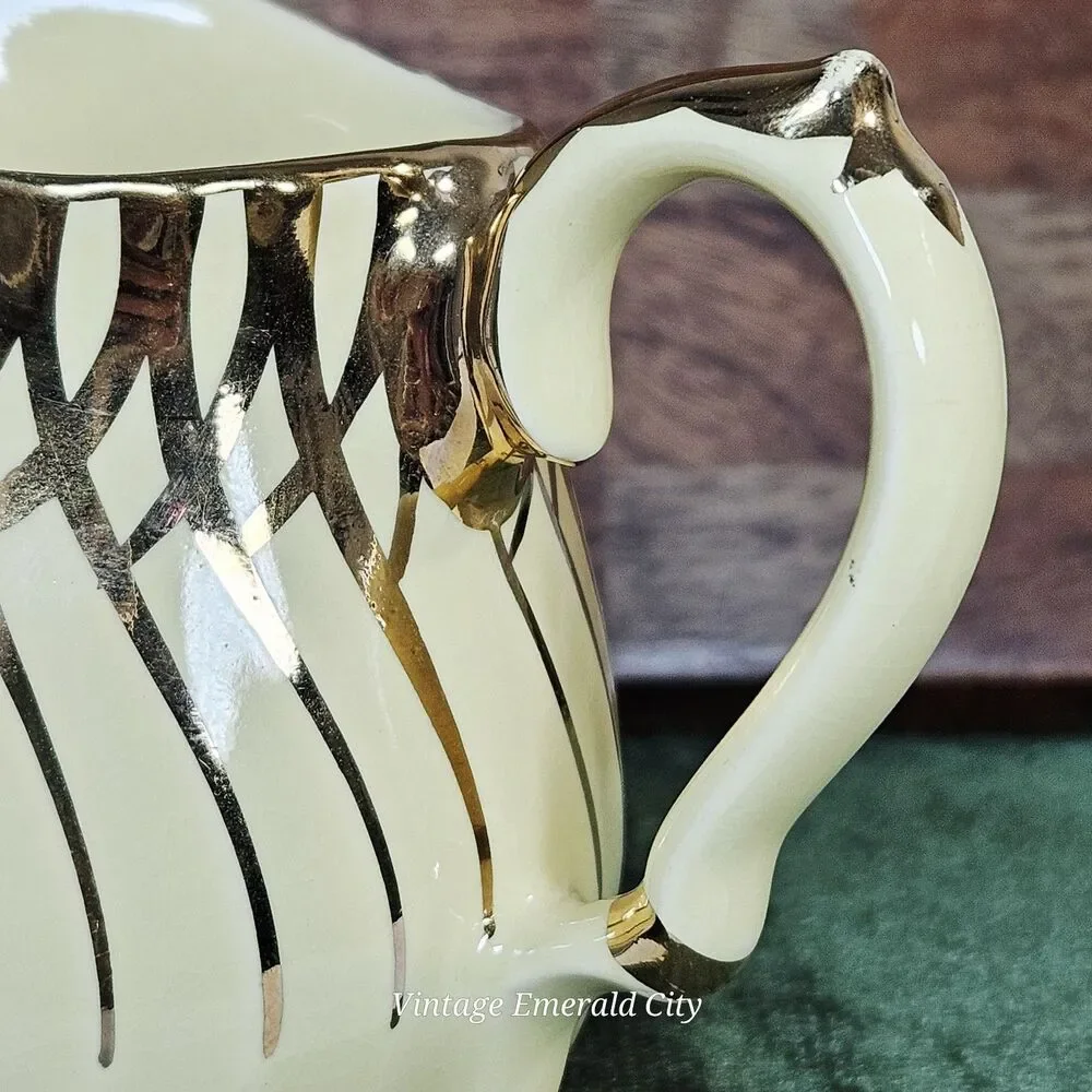 Vtg Sadler China England Milk Creamer Pitcher Yellow & 14K Gold Rim Swirl 1950
